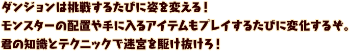 ダンジョンは挑戦するたびに姿を変える！
モンスターの配置や手に入るアイテムもプレイするたびに変化するぞ。
君の知識とテクニックで迷宮を駆け抜けろ！