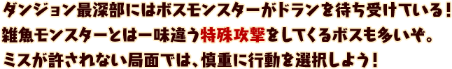 ダンジョン最深部にはボスモンスターがドランを待ち受けている！
雑魚モンスターとは一味違う特殊攻撃をしてくるボスも多いぞ。
ミスが許されない局面では、慎重に行動を選択しよう！