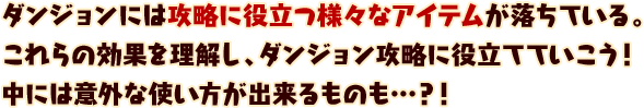 ダンジョンには攻略に役立つ様々なアイテムが落ちている。
これらの効果を理解し、ダンジョン攻略に役立てていこう！
中には意外な使い方が出来るものも…？！